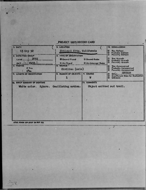Project Blue Book case file, National City, California, May 1952: first page (US Air Force / NARA)