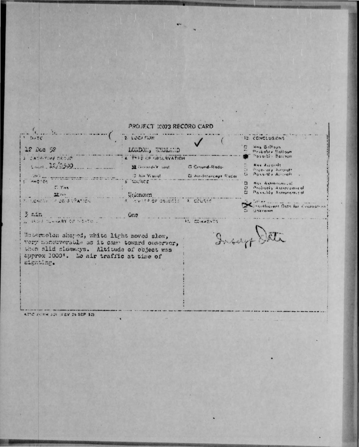 Project Blue Book case file, London, England, December 1952: first page (US Air Force / NARA)