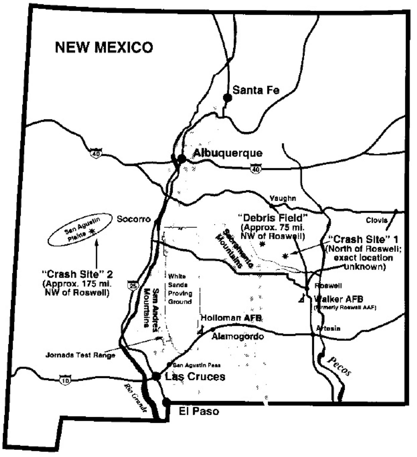 Map from the US Air Force Roswell report: debris field and claimed crash sites